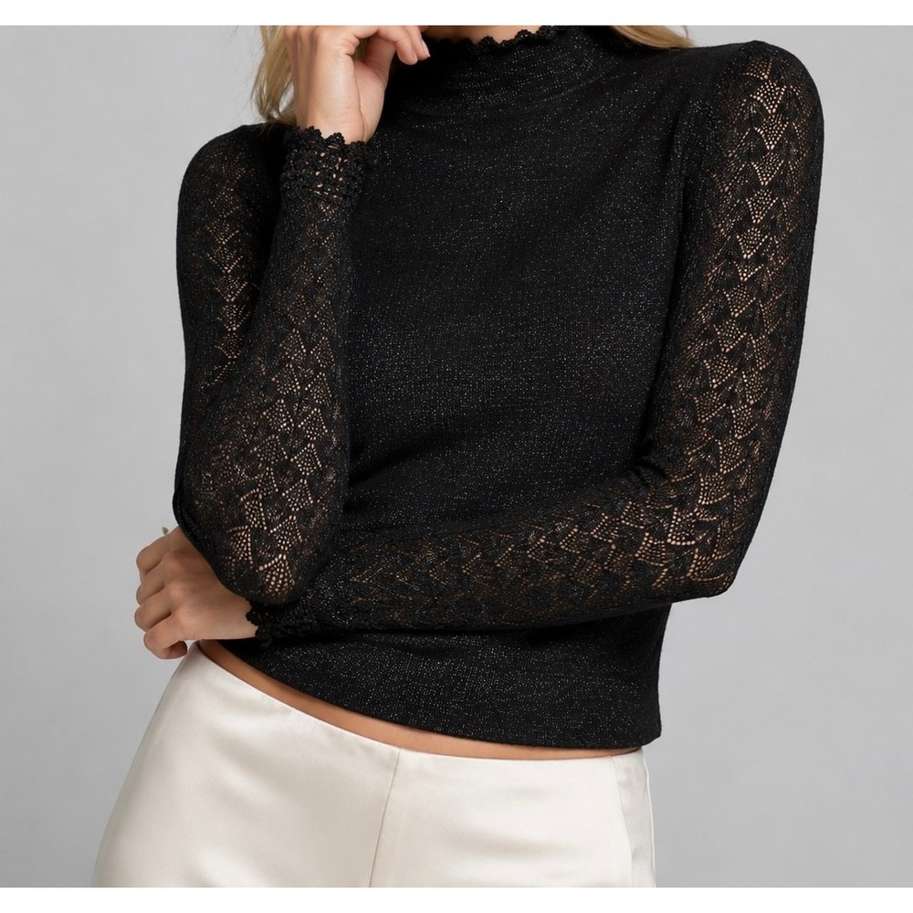 Paige Stephanie Top Black Sparkle Metallic Mock Neck Crochet Knit XS